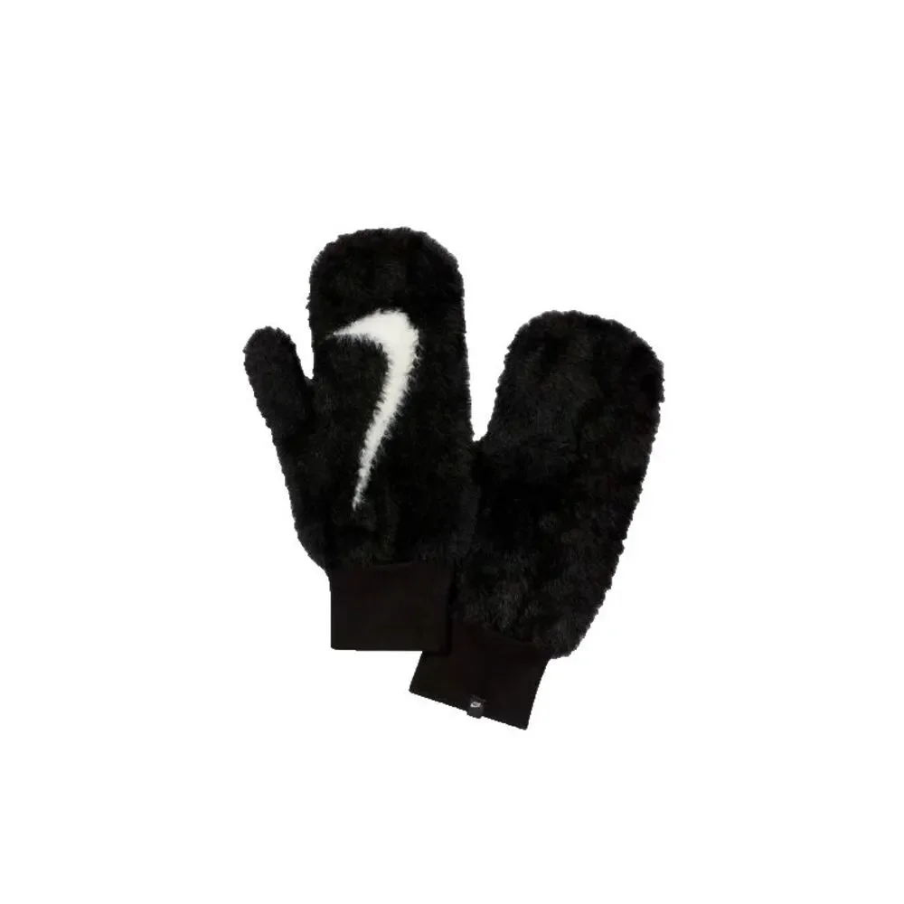 NEW Size M/L Nike Plush Mittens Gloves Solid Knit Black‎ White Winter Fuzzy Fur